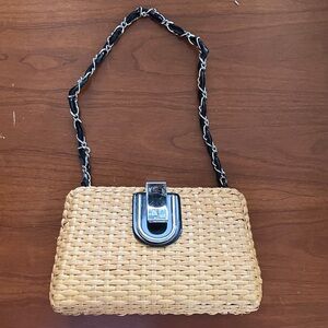 Ann Taylor tan wicker black patent Woven shoulder Bag Black silver metal Strap